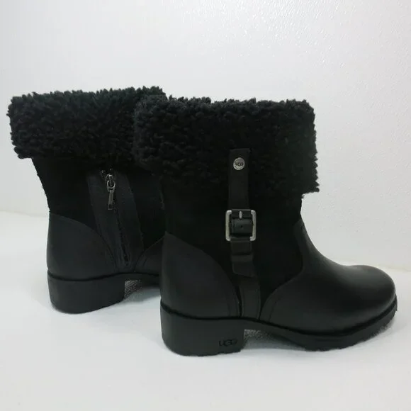 UGG Australia Black Bellevue 1914 Leather Shearling Zip Fold Over Moto Boots 7 - Picture 4 of 8